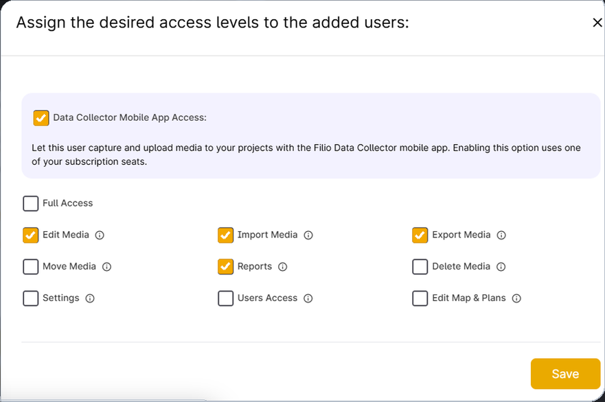 Filio access settings showing Data Collector access and granular project permissions for a user.