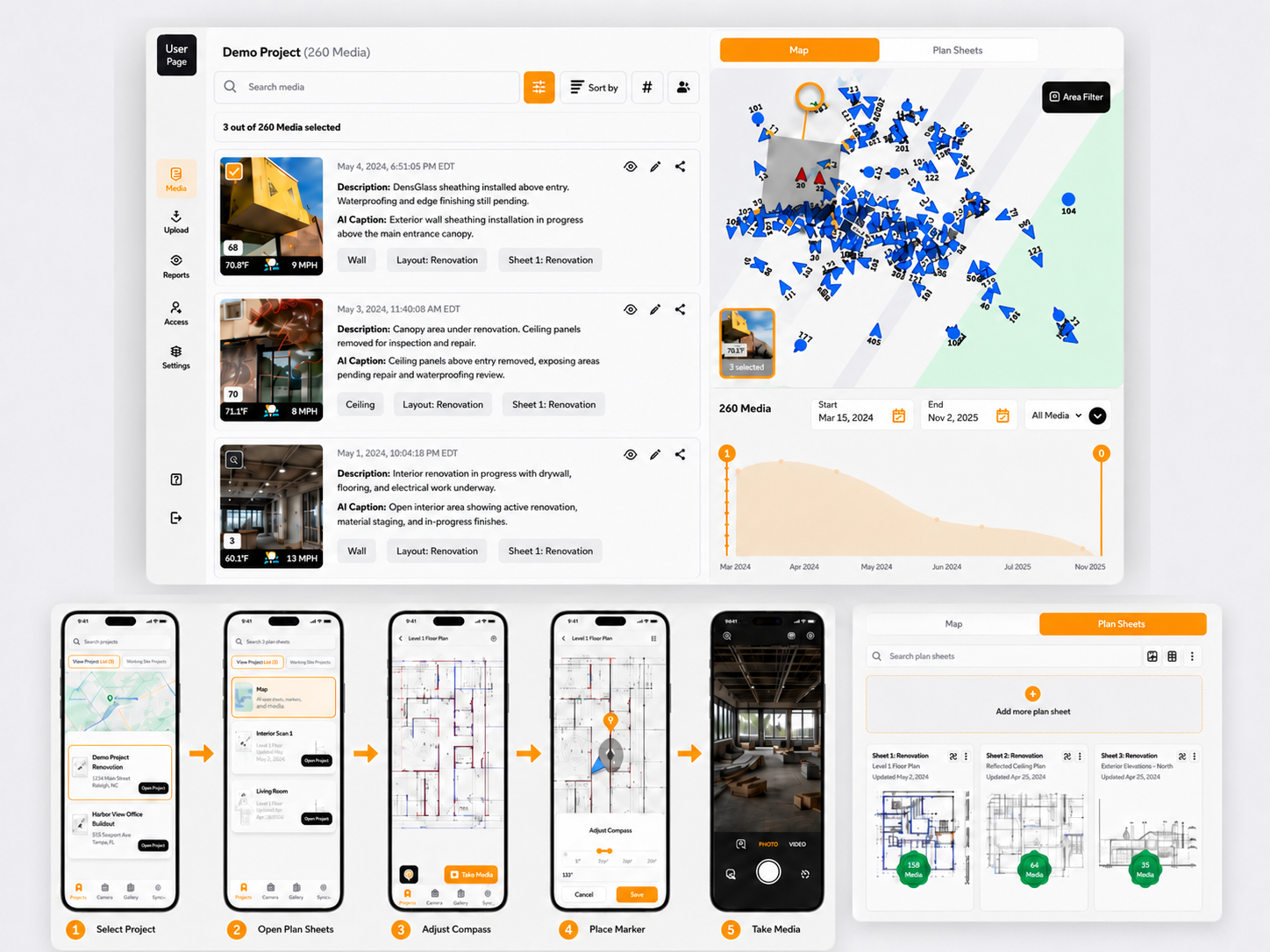 Filio mobile and web apps showing project maps, plan-sheet capture, directional marker placement, and linked media review.