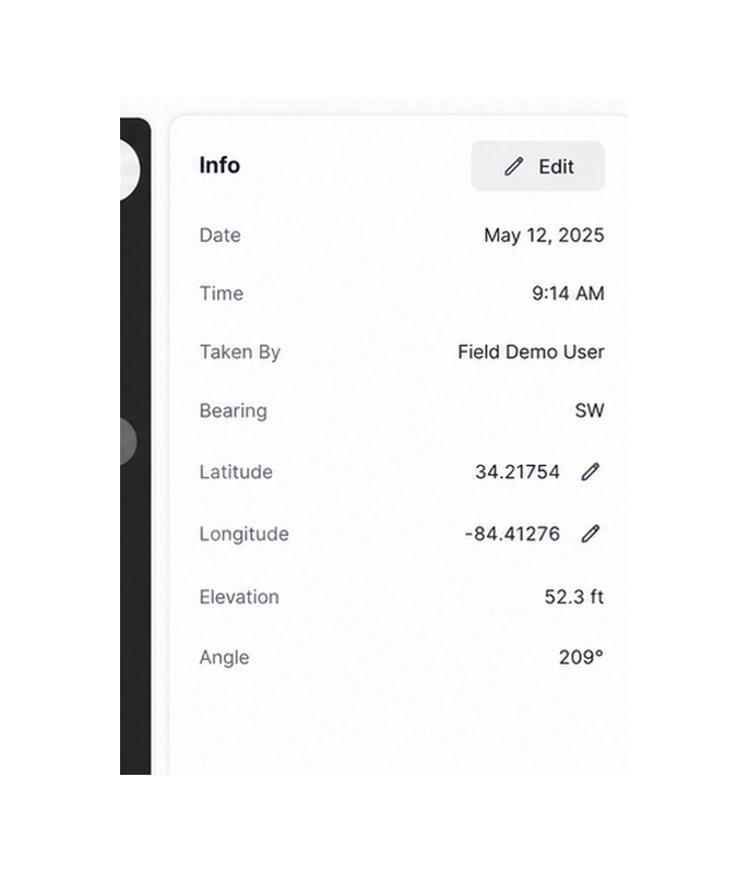 Filio media Info panel showing date, time, captured-by user, bearing, latitude, longitude, elevation, and angle.