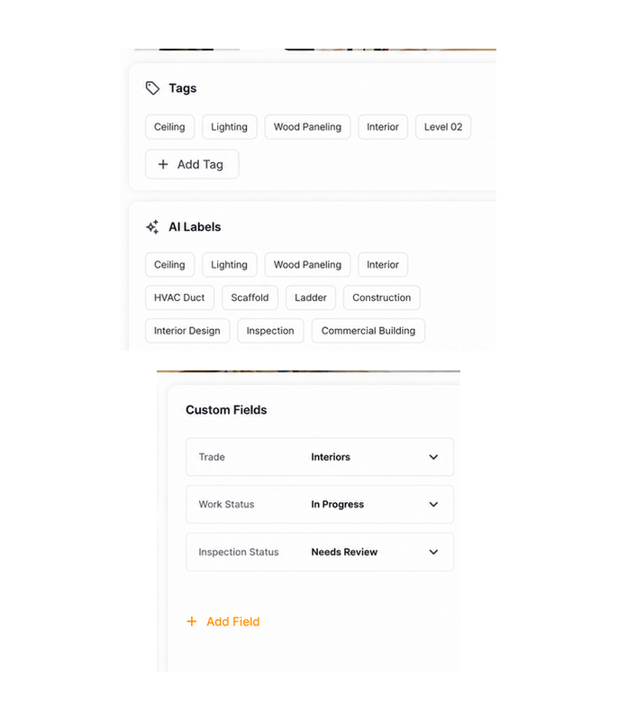 Filio Web App panel showing tags, visual labels, and structured custom fields for a construction media record.
