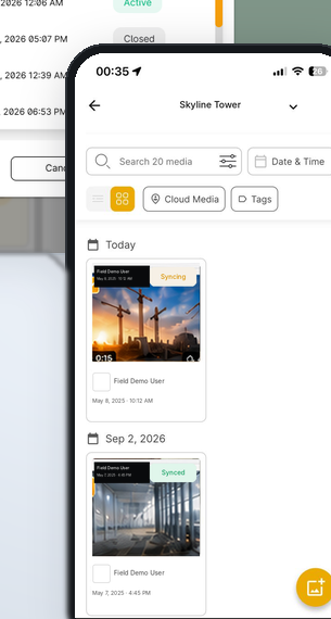 Filio mobile gallery showing project media with Syncing and Synced status indicators.