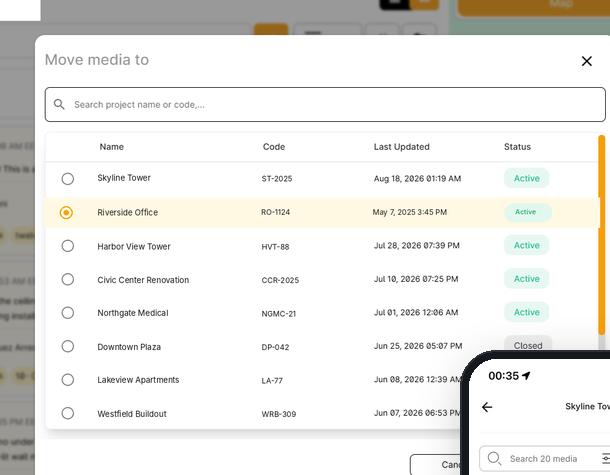 Filio Move Media dialog showing destination-project search and a list of project names, codes, update dates, and statuses.